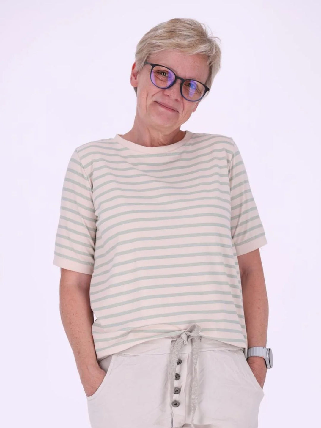 Grünes Damen T-Shirt mit Ringelmuster & Rundhalsausschnitt