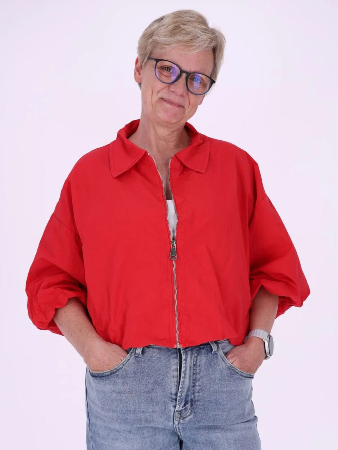 Rote Damenjacke mit Ballonärmeln & 3/4-Arm
