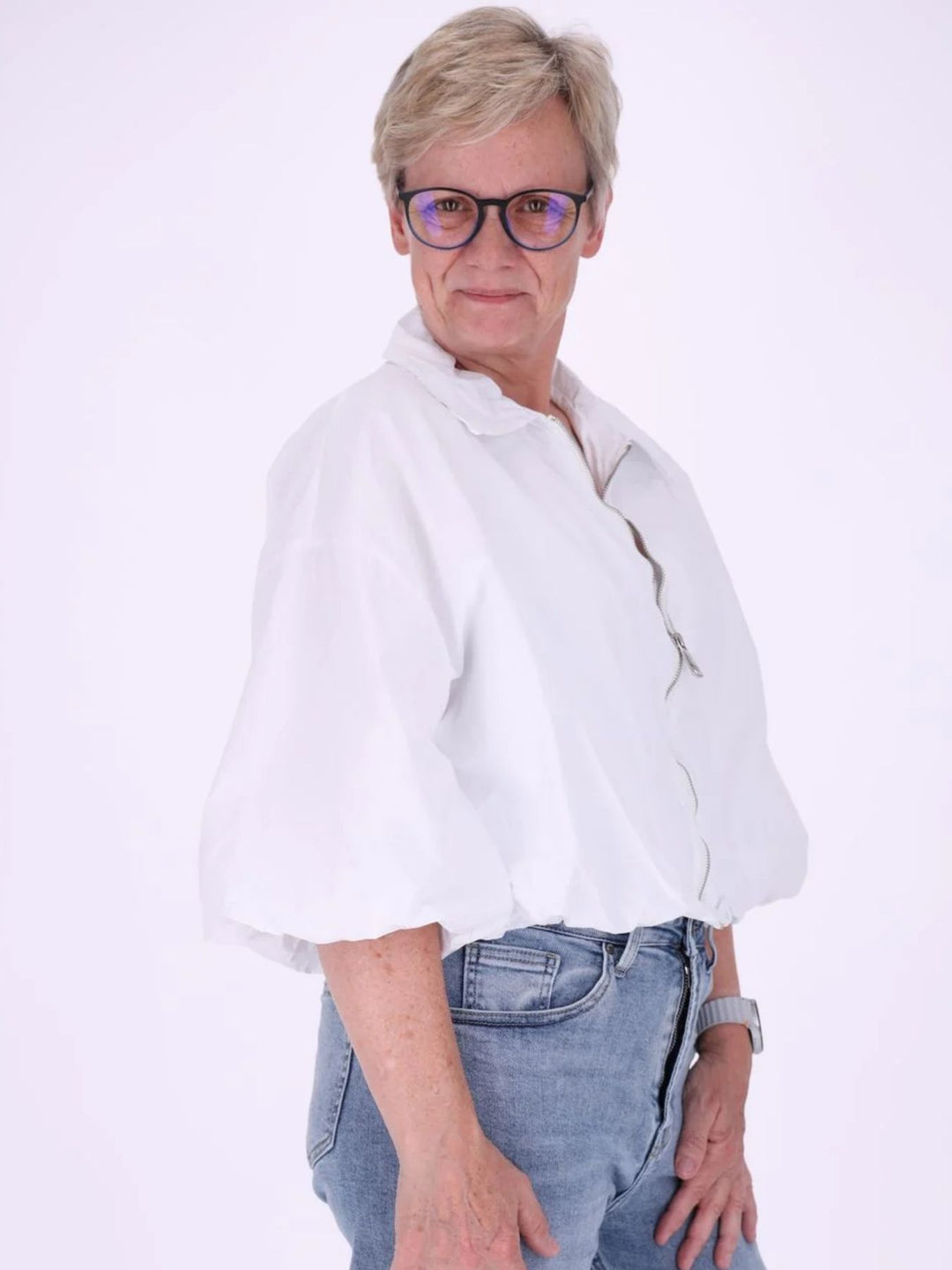 Weiße Damenjacke mit Ballonärmeln & 3/4-Arm