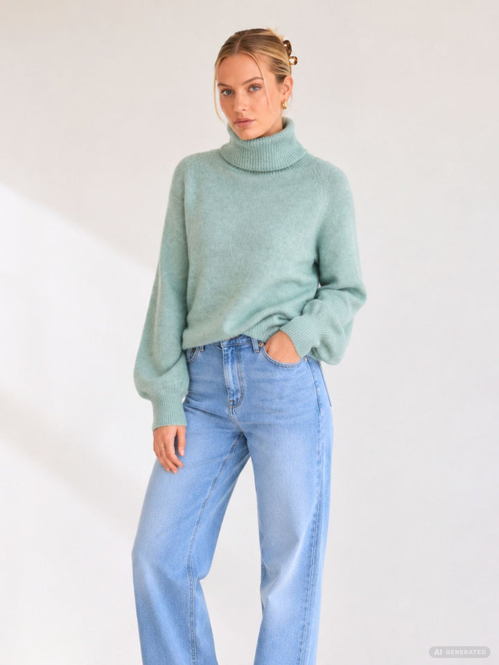 Damen Rollkragen-Strickpullover in Aqua Gray Melange von Only