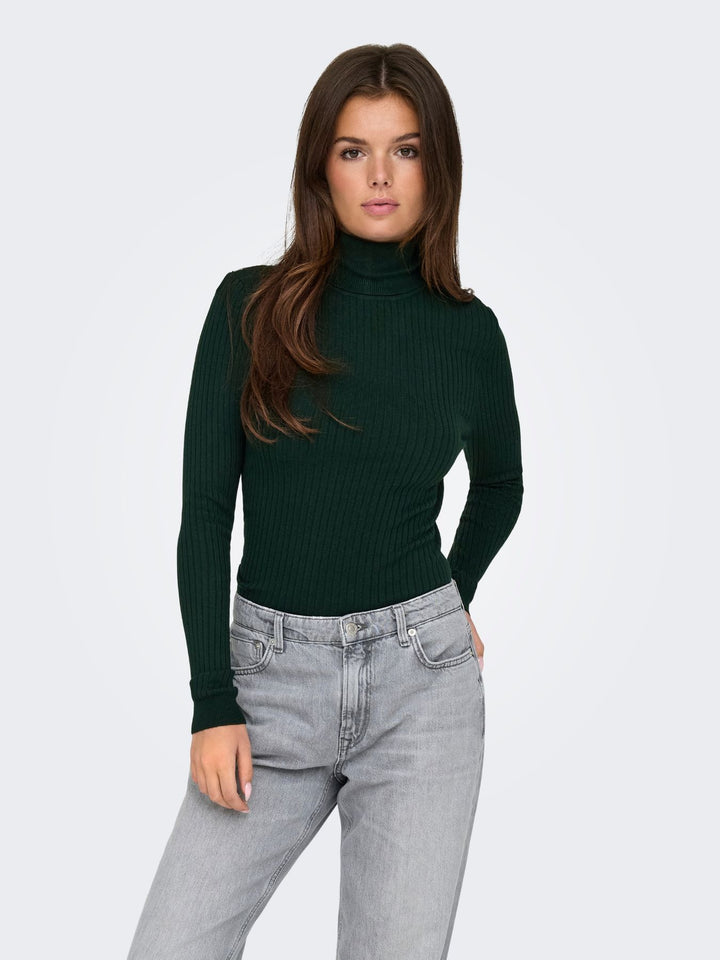 Grüner Damen Rollkragen-Strickpullover mit feinen Streifen von Only
