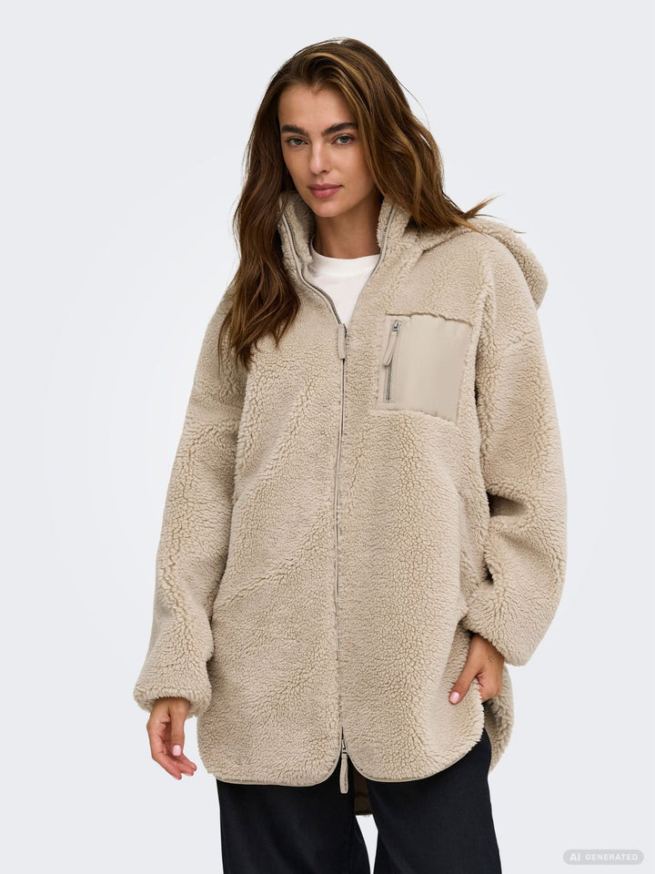Beiger Damen Teddyfell-Mantel mit Kapuze von Only