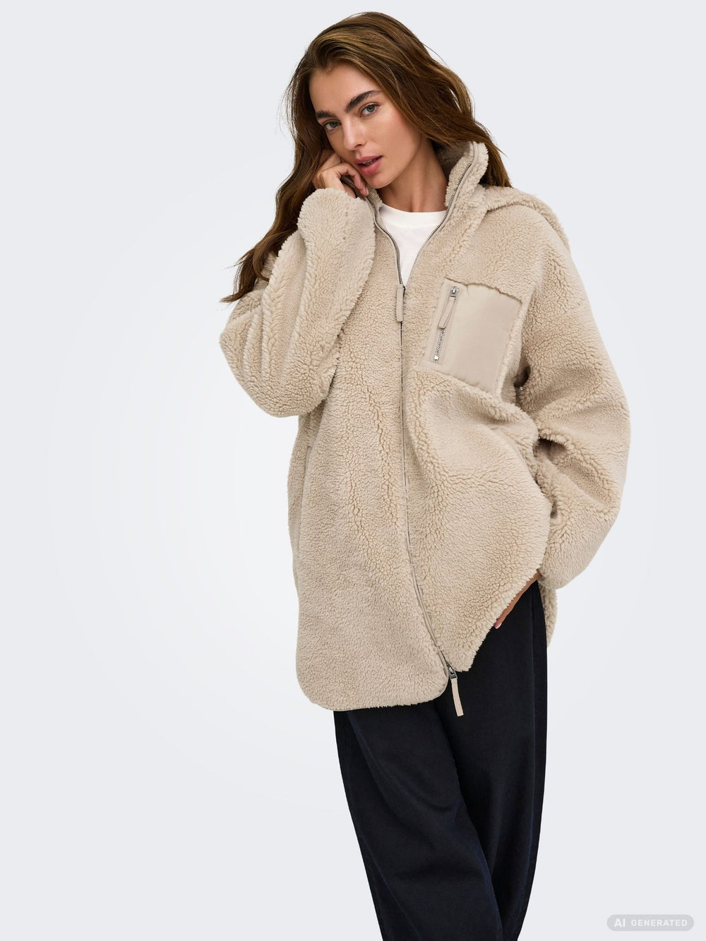 Beiger Damen Teddyfell-Mantel mit Kapuze von Only