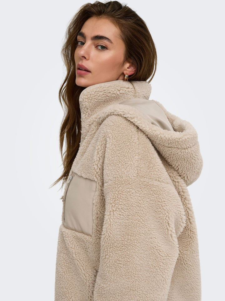 Beiger Damen Teddyfell-Mantel mit Kapuze von Only