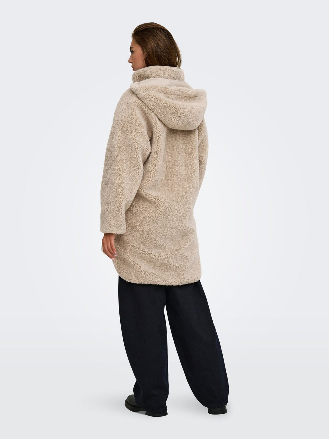 Beiger Damen Teddyfell-Mantel mit Kapuze von Only