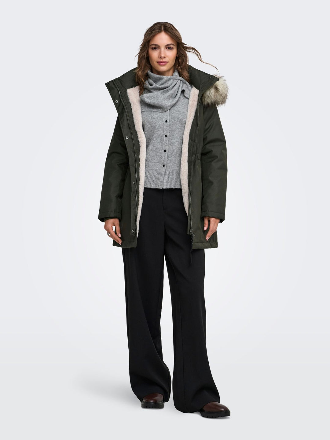 Stone Gray Damen Parka mit Kapuze & abnehmbarem Kunstfellrand