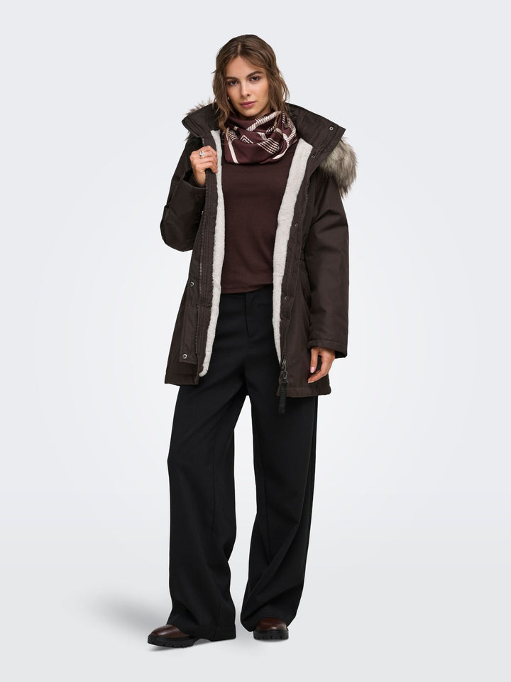 Brauner Damen Parka mit Kapuze & abnehmbarem Kunstfellrand