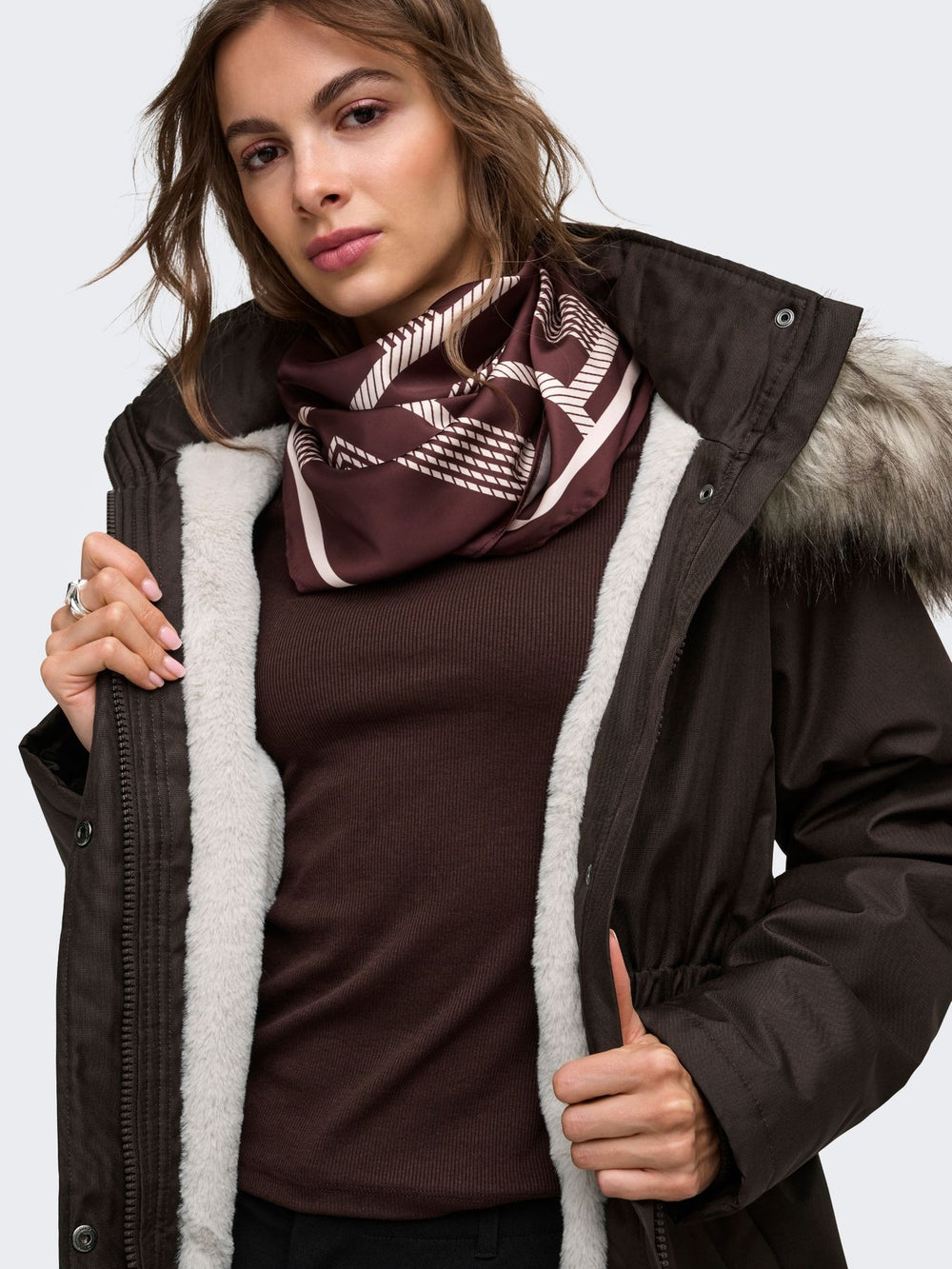 Brauner Damen Parka mit Kapuze & abnehmbarem Kunstfellrand