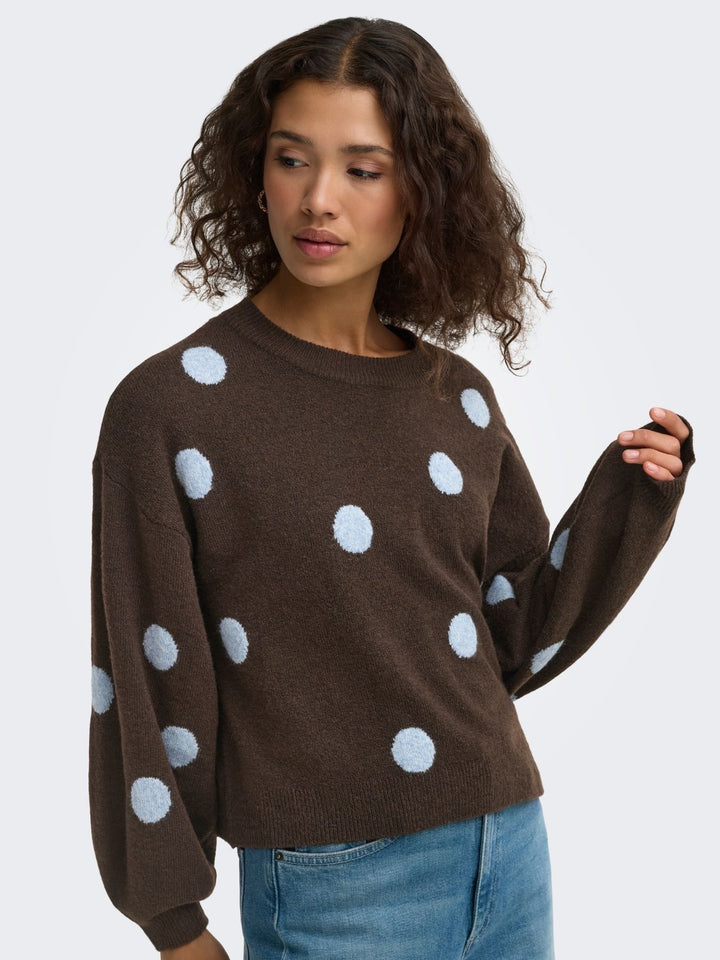 Brauner Damen Strickpullover mit hellblauen & braunen Punkten
