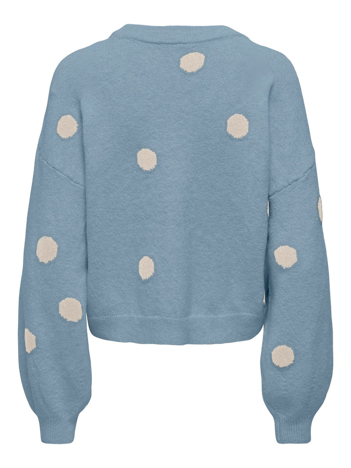 Hellblauer Damen Strickpullover mit weißen Punkten & Rundhalsausschnitt