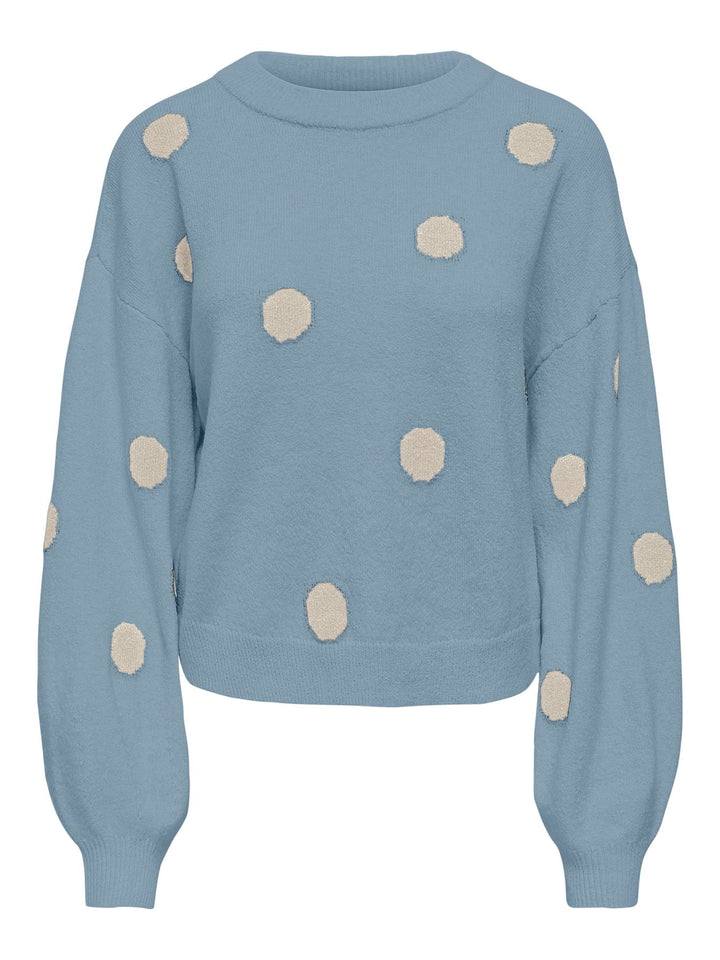 Hellblauer Damen Strickpullover mit weißen Punkten & Rundhalsausschnitt