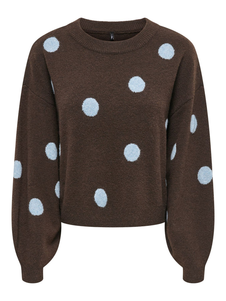 Brauner Damen Strickpullover mit hellblauen & braunen Punkten