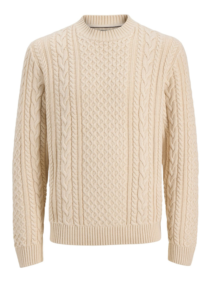 Cremefarbener Herren Zopfstrickpullover mit Rundhalsausschnitt
