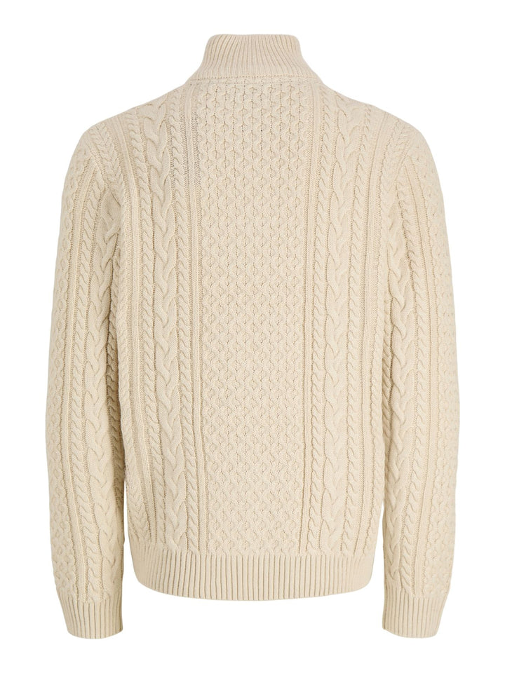Cremefarbener Herren Zopfstrickpullover mit Half-Zip