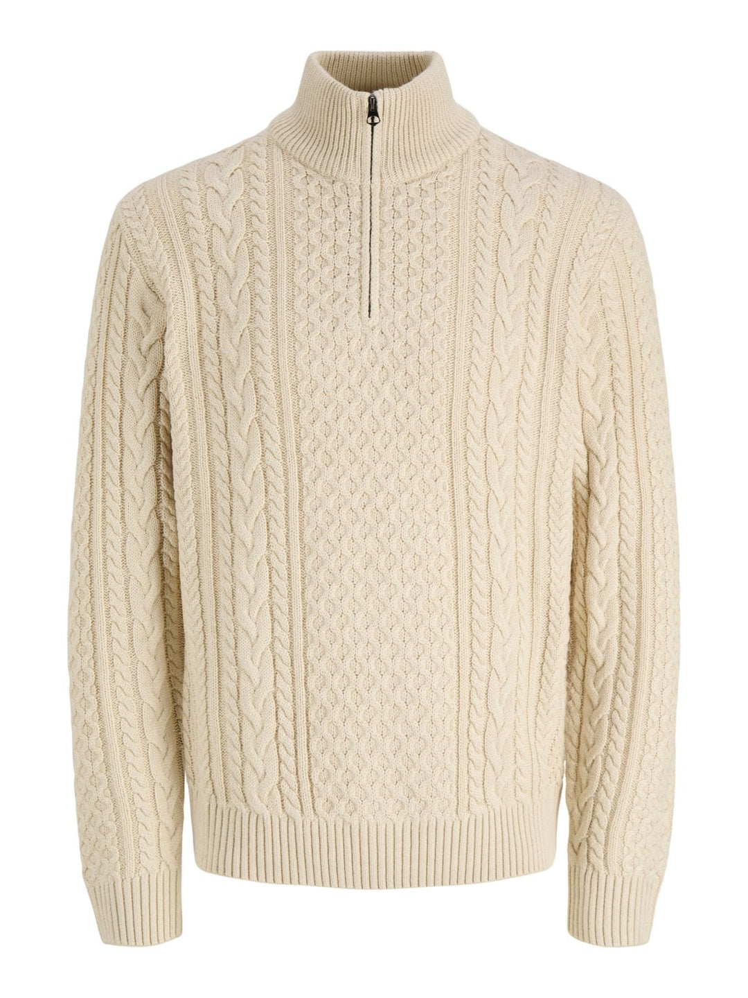 Cremefarbener Herren Zopfstrickpullover mit Half-Zip