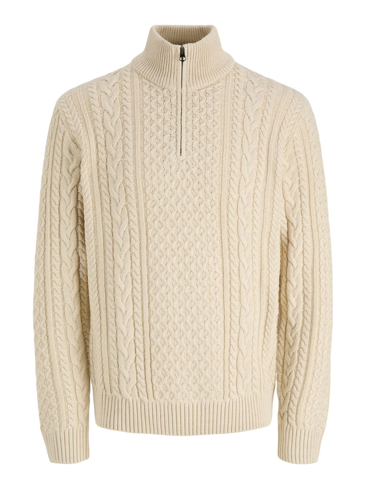 Cremefarbener Herren Zopfstrickpullover mit Half-Zip