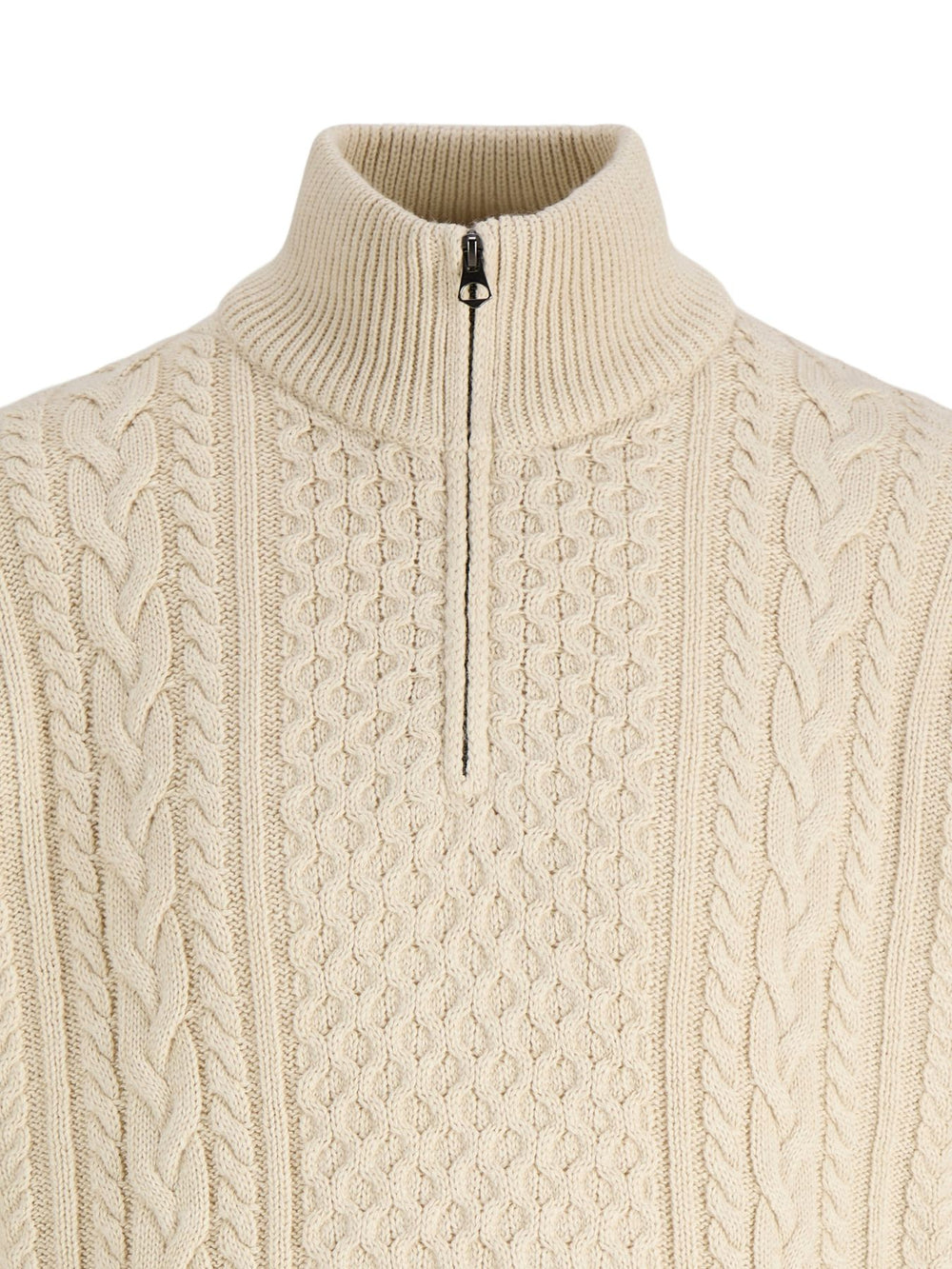 Cremefarbener Herren Zopfstrickpullover mit Half-Zip