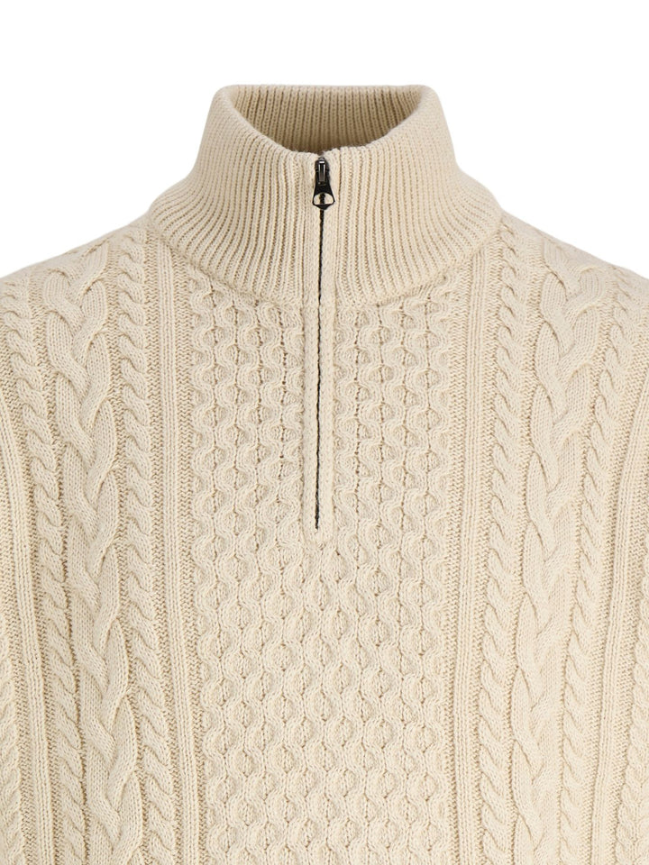 Cremefarbener Herren Zopfstrickpullover mit Half-Zip