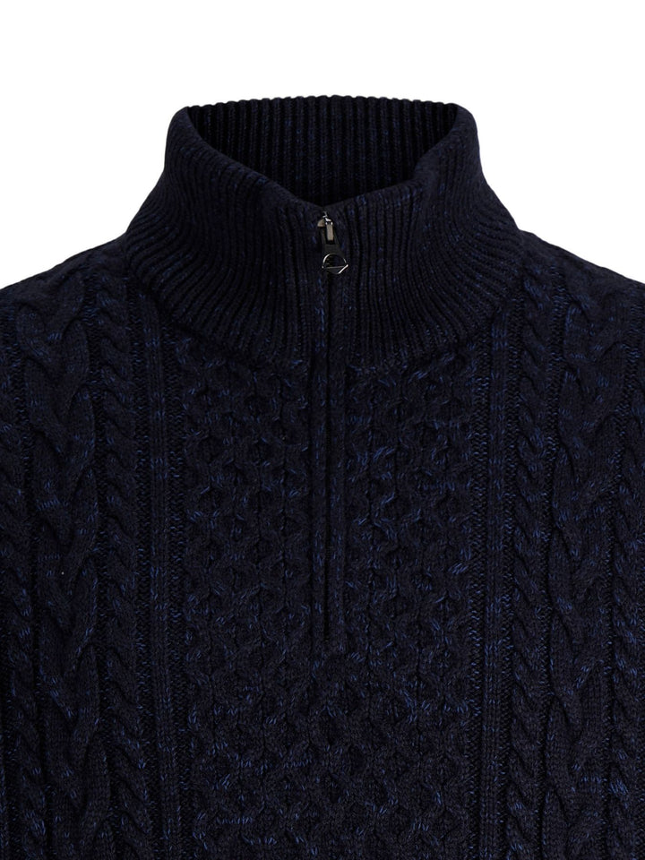 Dunkelblauer Herren Zopfstrickpullover mit Half-Zip