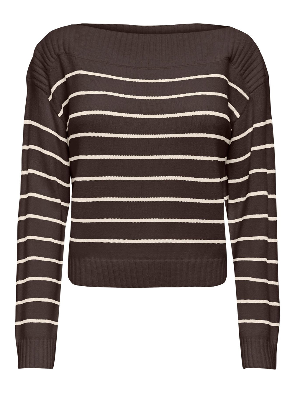 Brauner Damen Strickpullover mit weißen Streifen & U-Boot-Ausschnitt