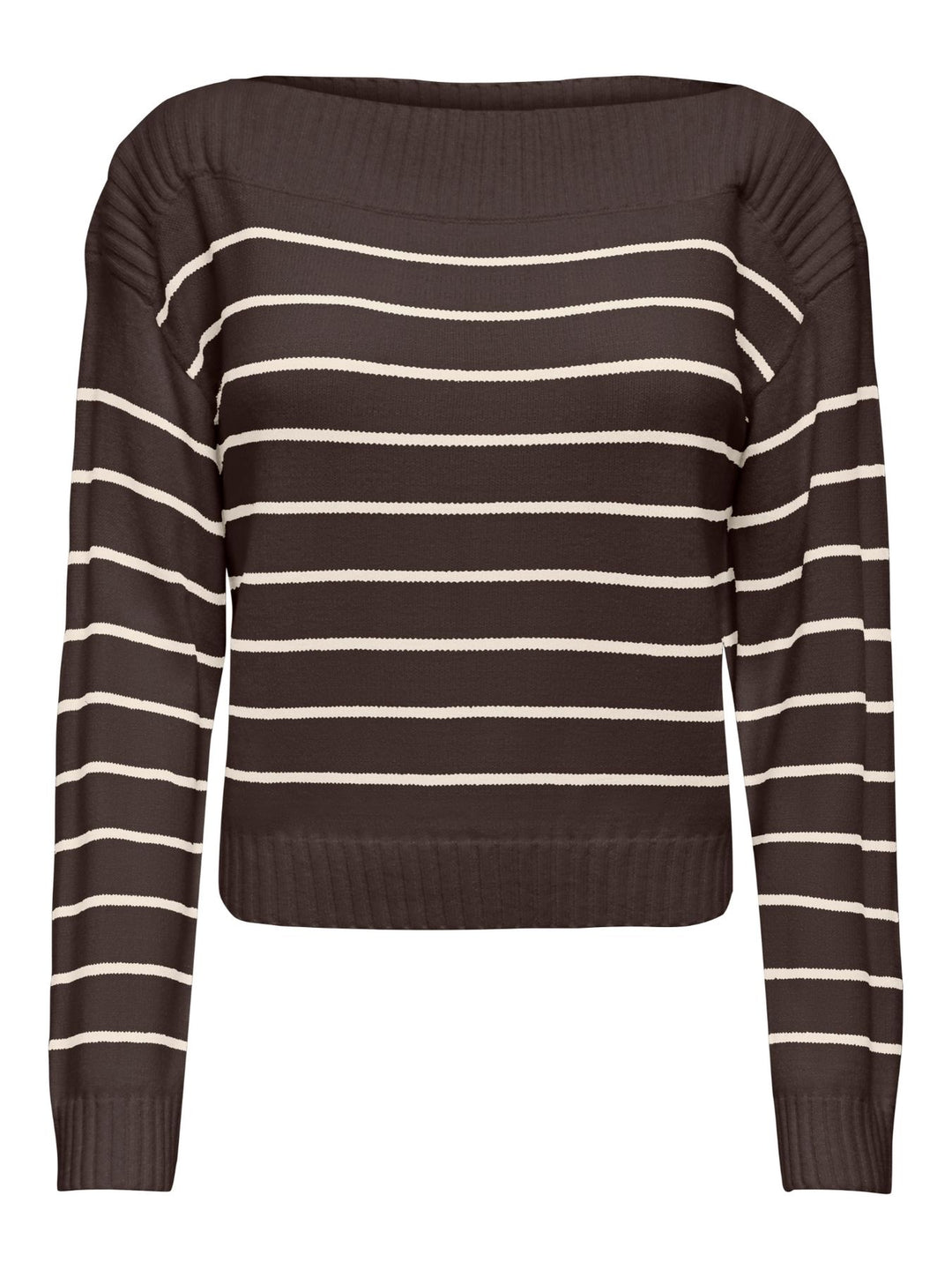 Brauner Damen Strickpullover mit weißen Streifen & U-Boot-Ausschnitt