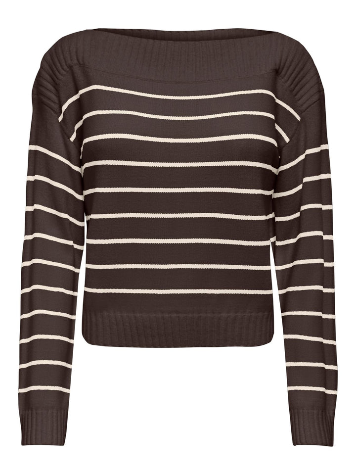 Brauner Damen Strickpullover mit weißen Streifen & U-Boot-Ausschnitt