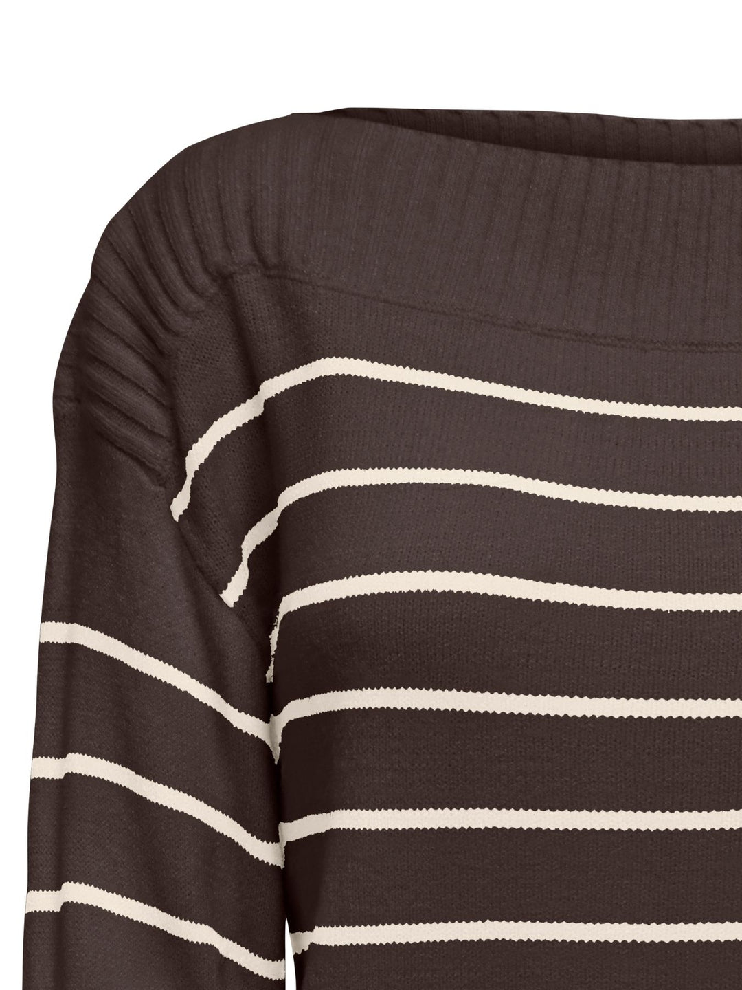 Brauner Damen Strickpullover mit weißen Streifen & U-Boot-Ausschnitt