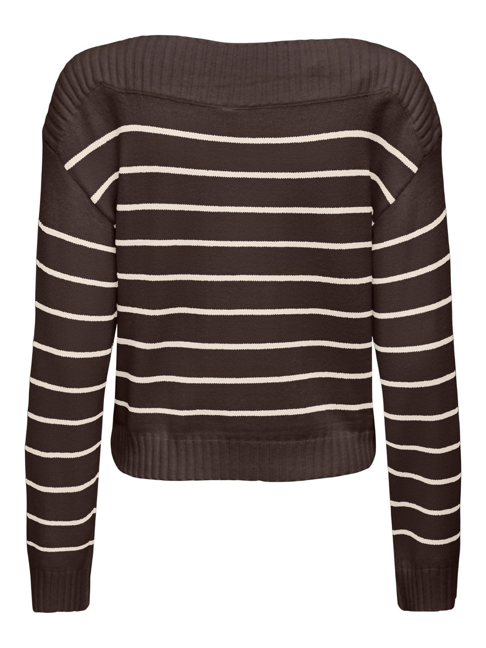 Brauner Damen Strickpullover mit weißen Streifen & U-Boot-Ausschnitt