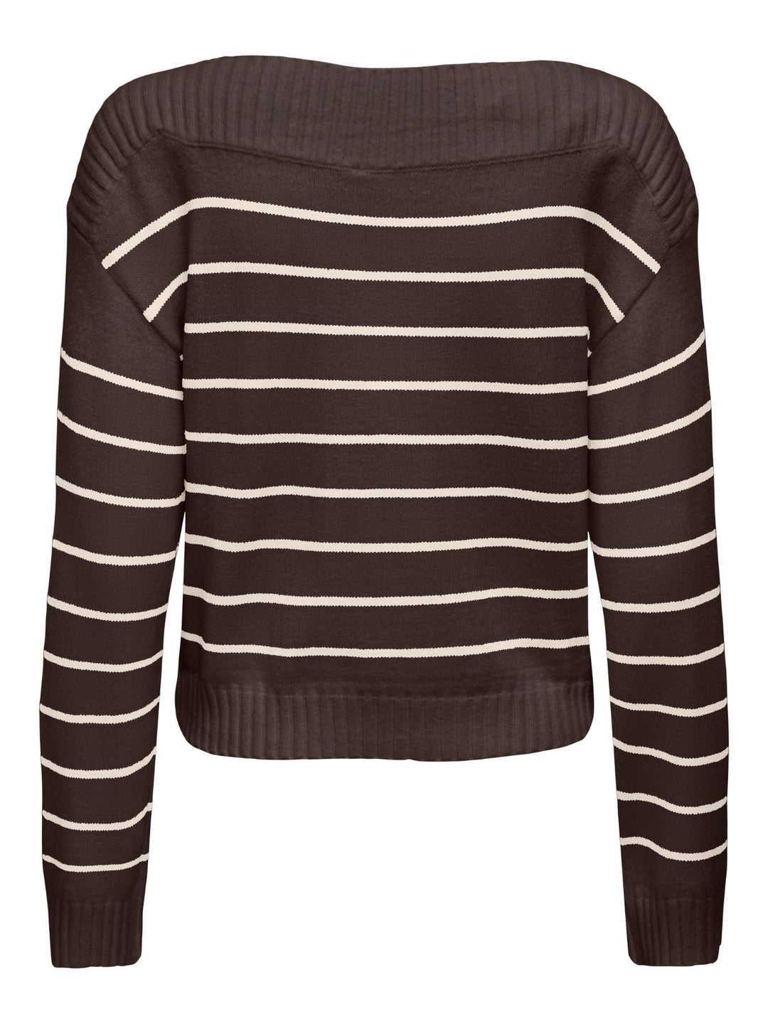Brauner Damen Strickpullover mit weißen Streifen & U-Boot-Ausschnitt
