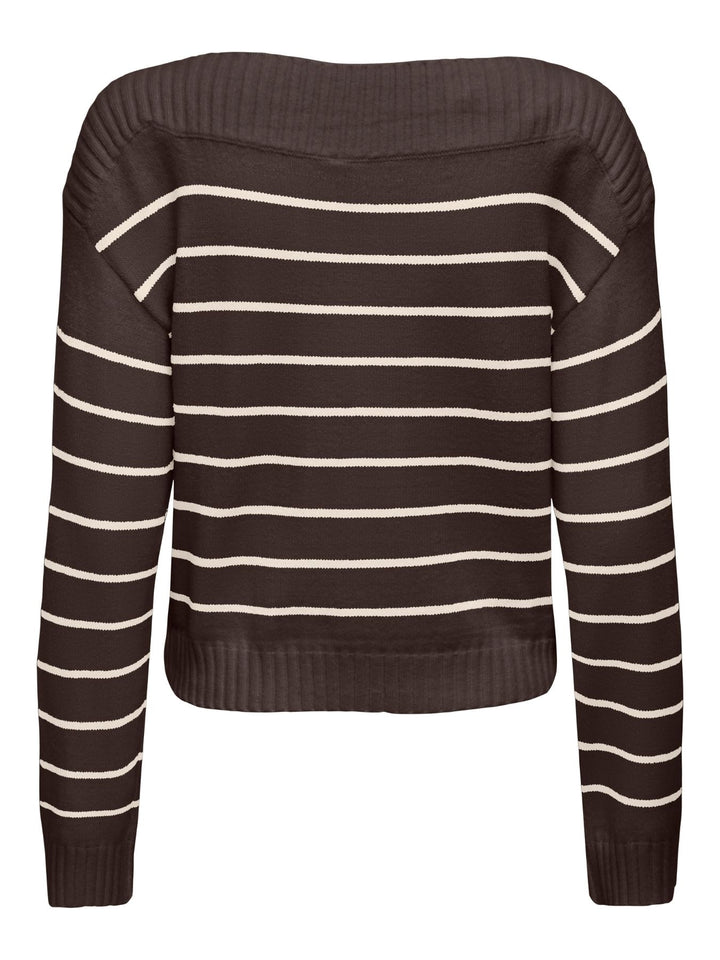 Brauner Damen Strickpullover mit weißen Streifen & U-Boot-Ausschnitt