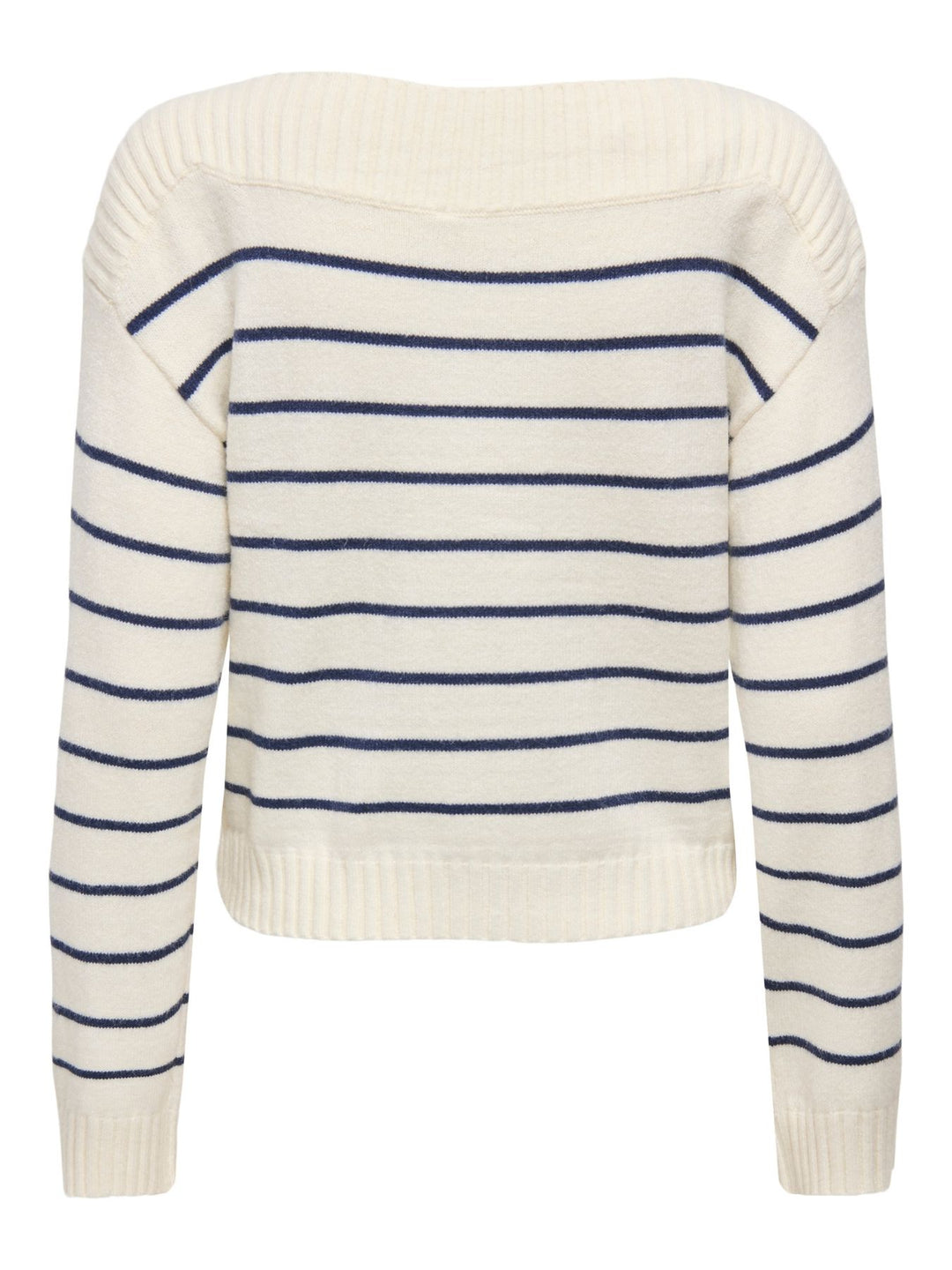 Hellbeiger Damen Strickpullover mit blauen Streifen & U-Boot-Ausschnitt