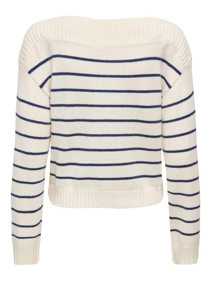 Hellbeiger Damen Strickpullover mit blauen Streifen & U-Boot-Ausschnitt