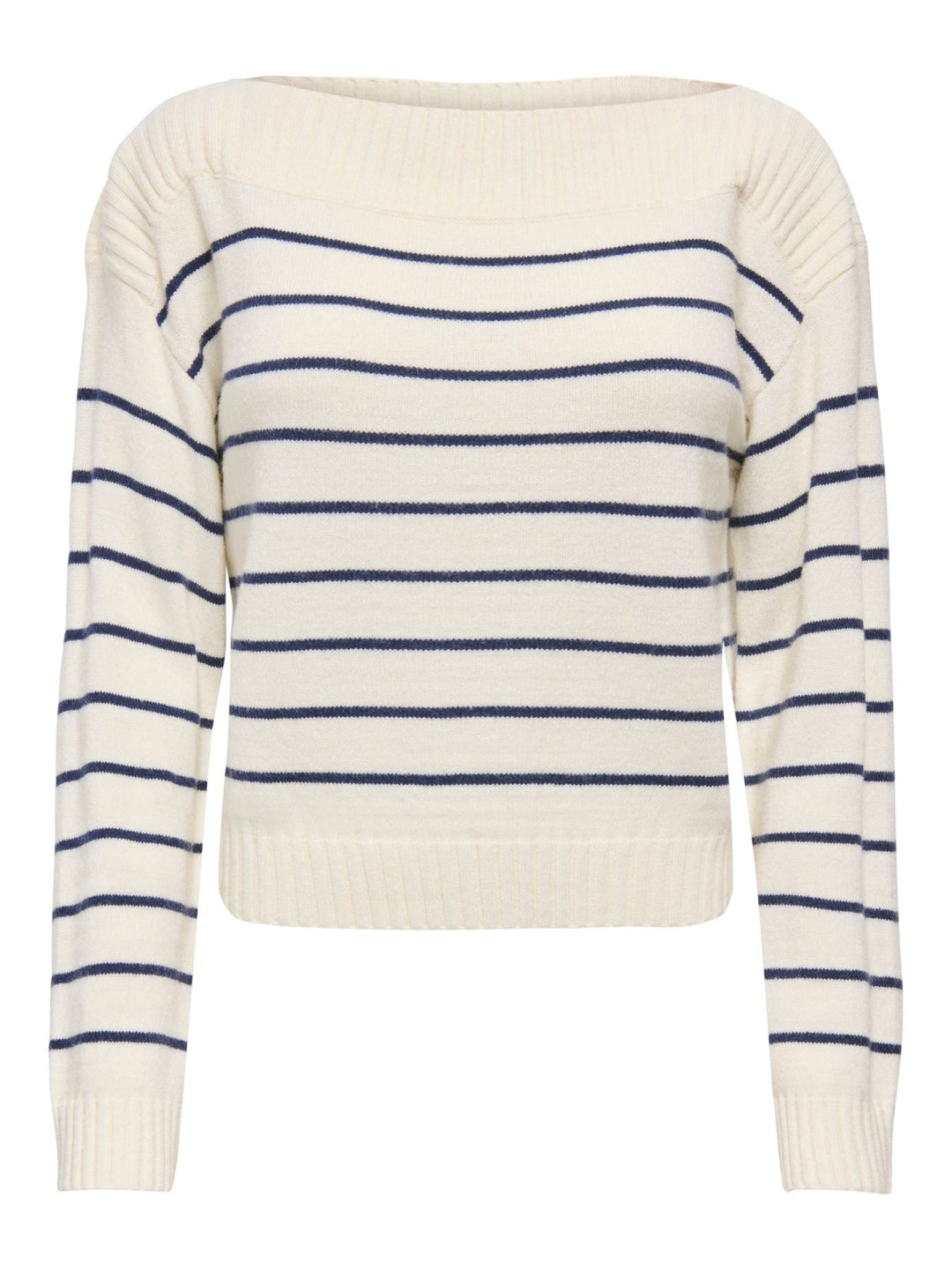Hellbeiger Damen Strickpullover mit blauen Streifen & U-Boot-Ausschnitt