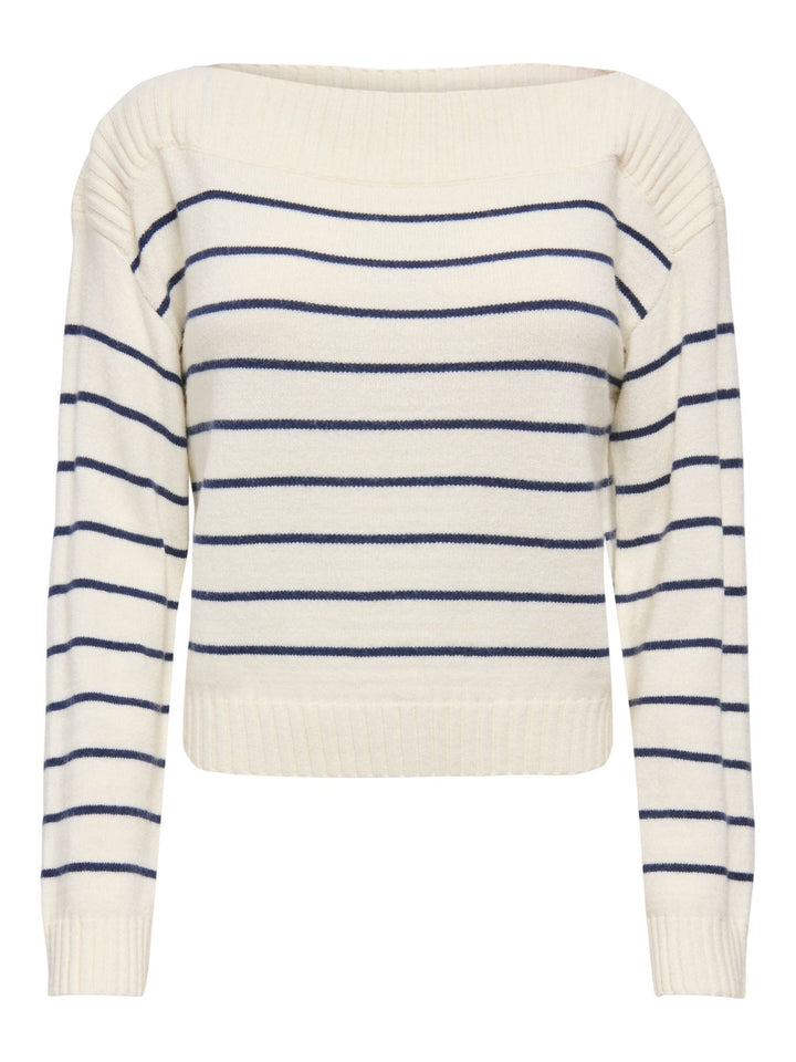 Hellbeiger Damen Strickpullover mit blauen Streifen & U-Boot-Ausschnitt