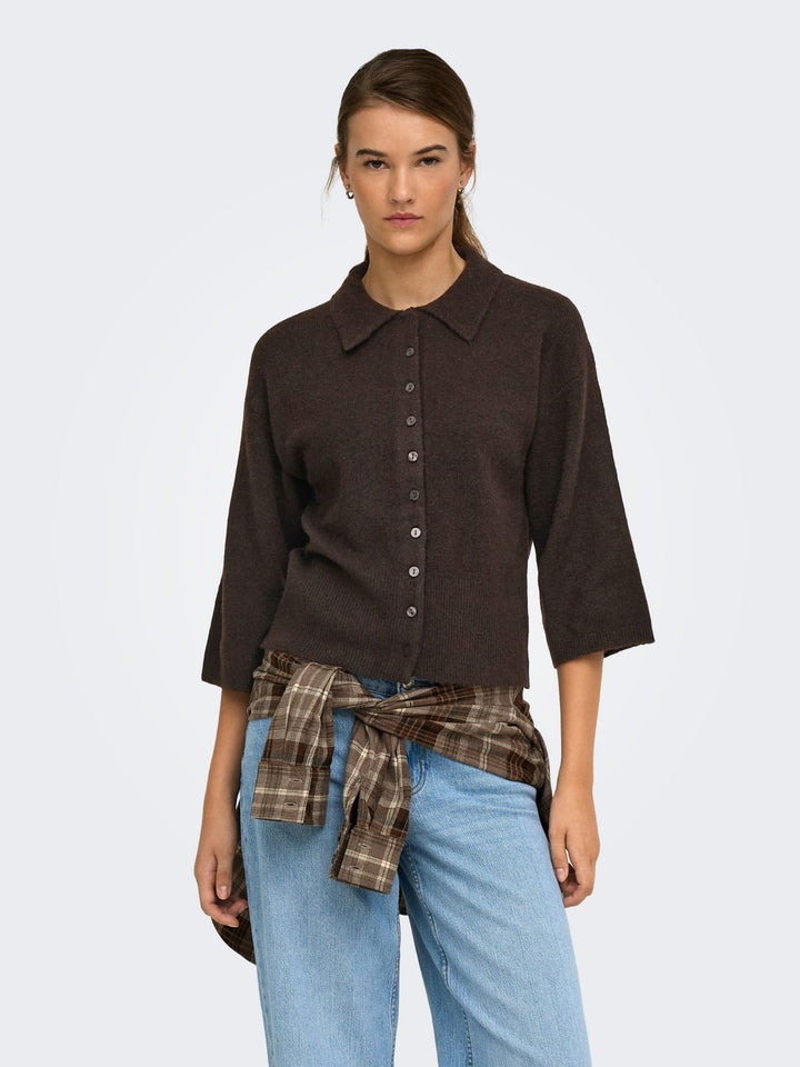 Damen Strickjacke in Coffee Bean mit Polokragen & 3/4-Arm