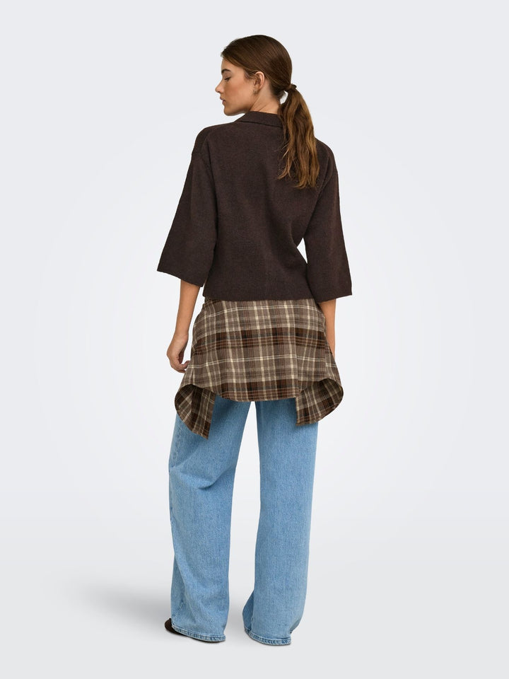 Damen Strickjacke in Coffee Bean mit Polokragen & 3/4-Arm