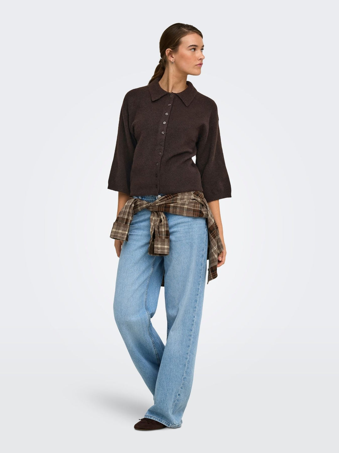 Damen Strickjacke in Coffee Bean mit Polokragen & 3/4-Arm