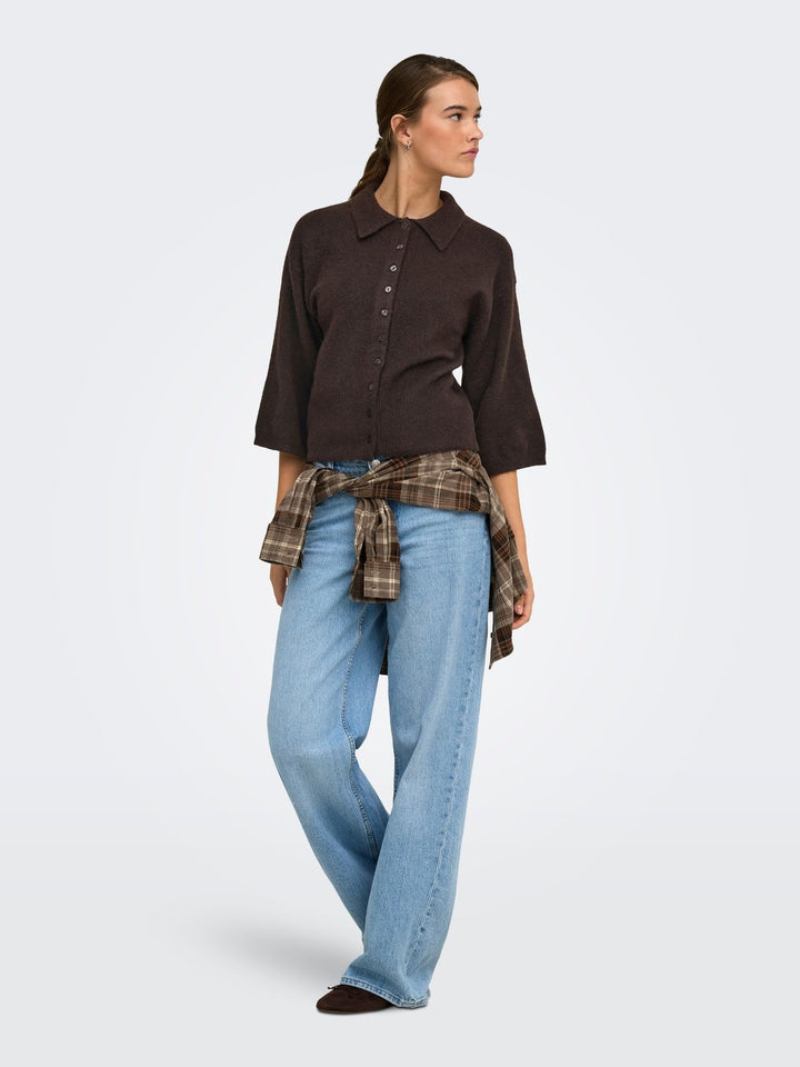 Damen Strickjacke in Coffee Bean mit Polokragen & 3/4-Arm