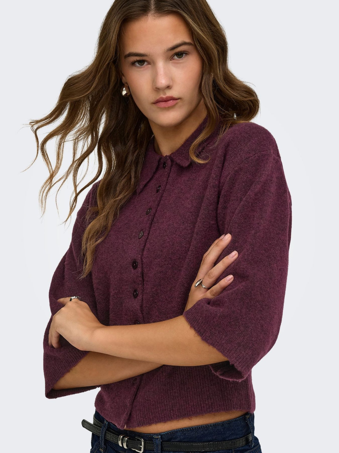 Damen Strickjacke in Fig mit Polokragen & 3/4-Arm