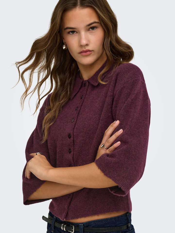 Damen Strickjacke in Fig mit Polokragen & 3/4-Arm