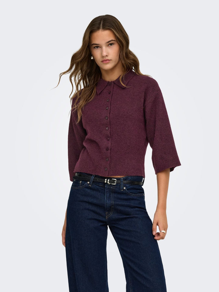 Damen Strickjacke in Fig mit Polokragen & 3/4-Arm
