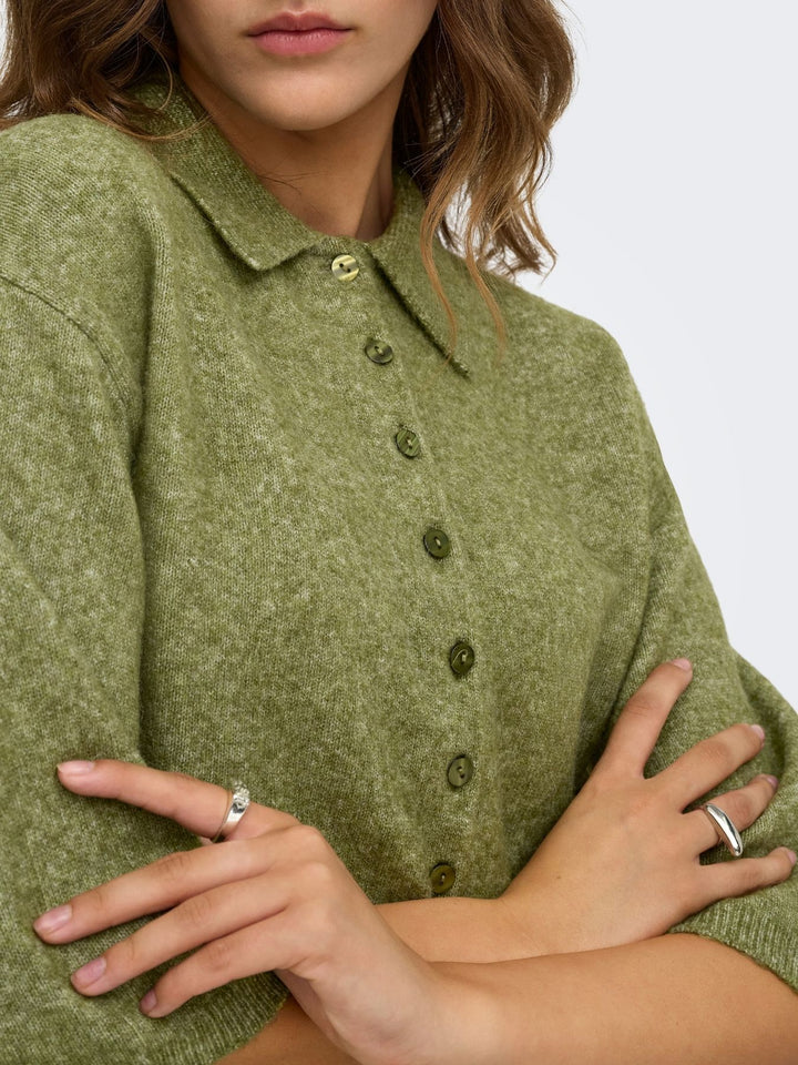 Damen Strickjacke in Sphagnum mit Polokragen & 3/4-Arm