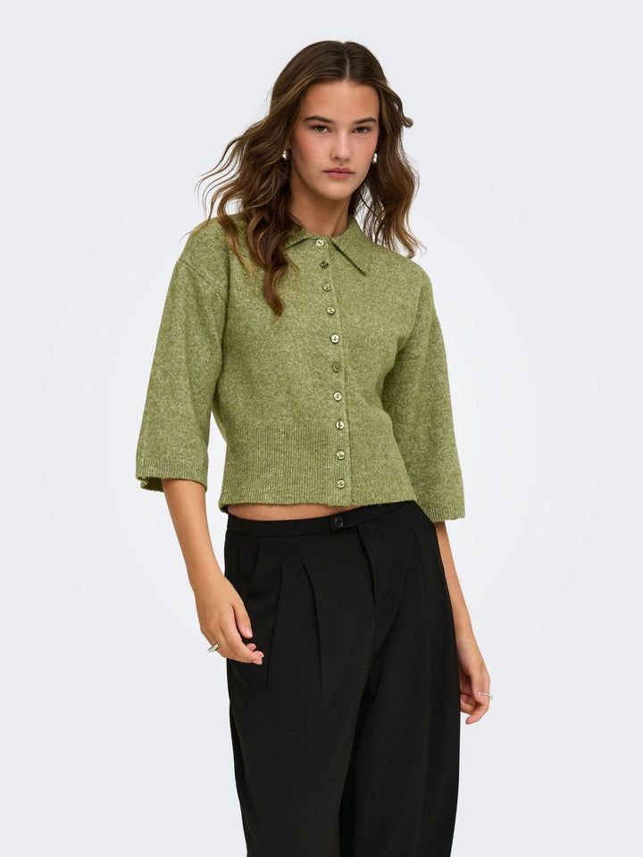 Damen Strickjacke in Sphagnum mit Polokragen & 3/4-Arm