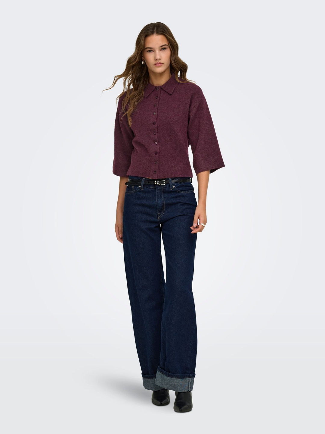 Damen Strickjacke in Fig mit Polokragen & 3/4-Arm