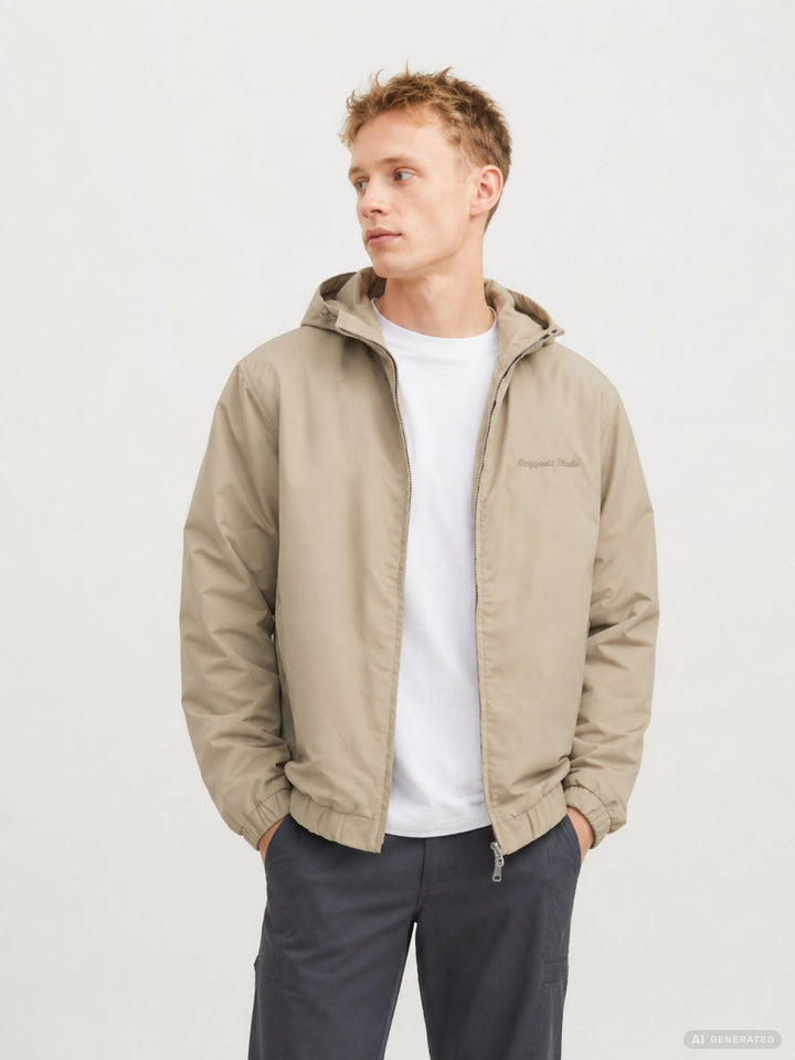 Herren Übergangsjacke in khaki mit Kapuze – wasserabweisend & funktional