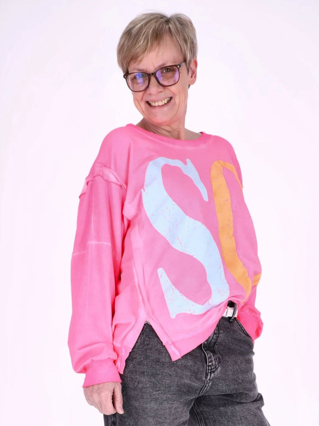 Pinkes Damen Oversize Sweatshirt „SO / HO“ – Vintage-Style