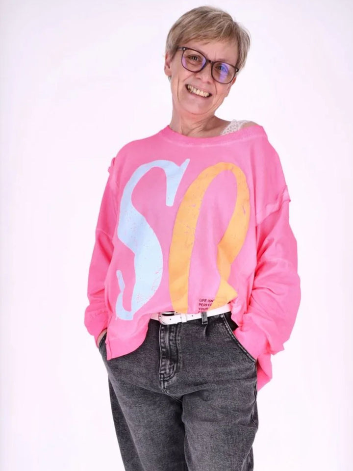Pinkes Damen Oversize Sweatshirt „SO / HO“ – Vintage-Style