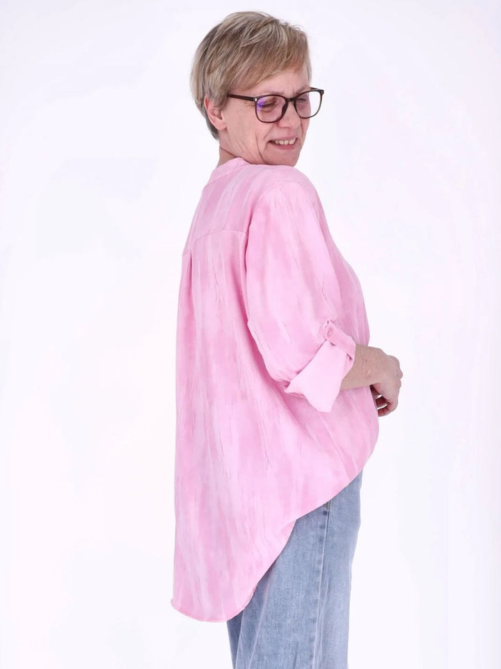 Pinkes Damen Blusenshirt mit Allover-Print, Krempelarm & Knopfleiste