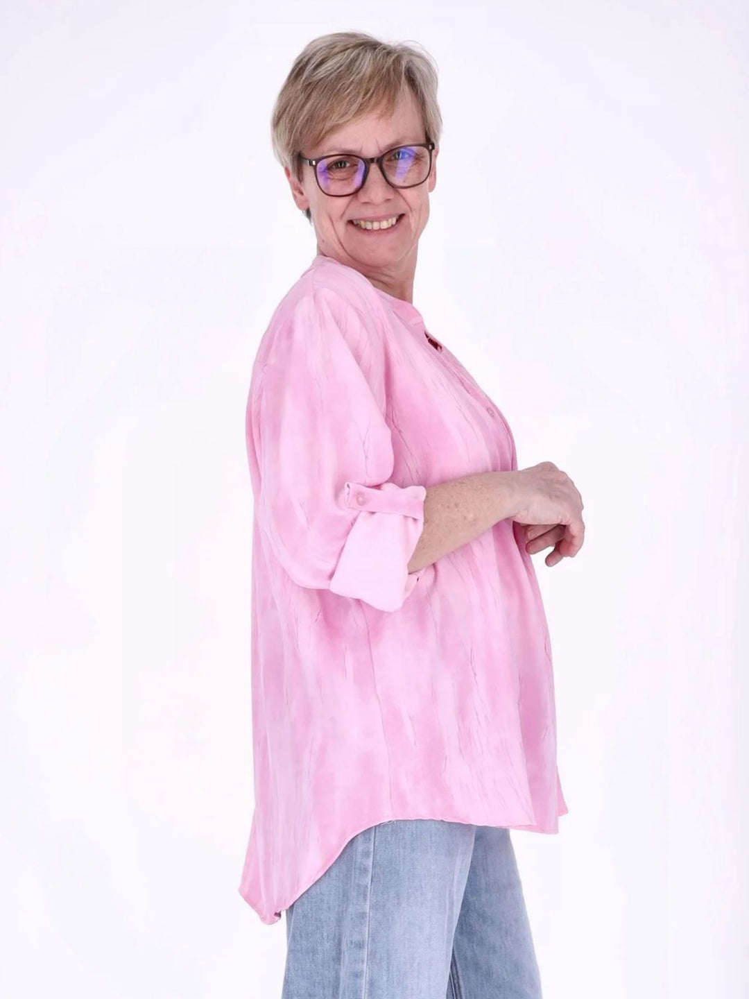 Pinkes Damen Blusenshirt mit Allover-Print, Krempelarm & Knopfleiste