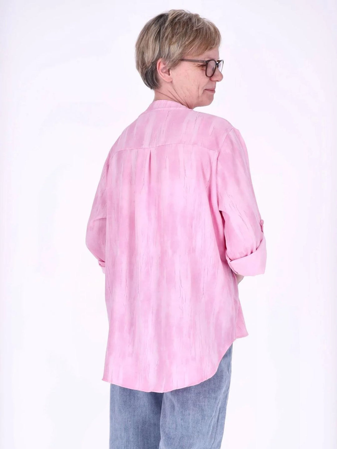 Pinkes Damen Blusenshirt mit Allover-Print, Krempelarm & Knopfleiste